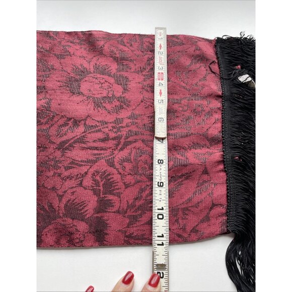 Vintage Italian Damask Scarf Burgundy Metallic Lame Fringe Opera Old Money 11X56 - Picture 7 of 9